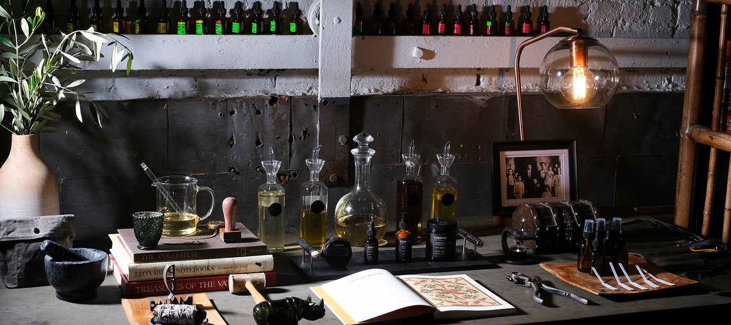 Photo of a beautiful work desk with italian accents and Curativo natural apothecary