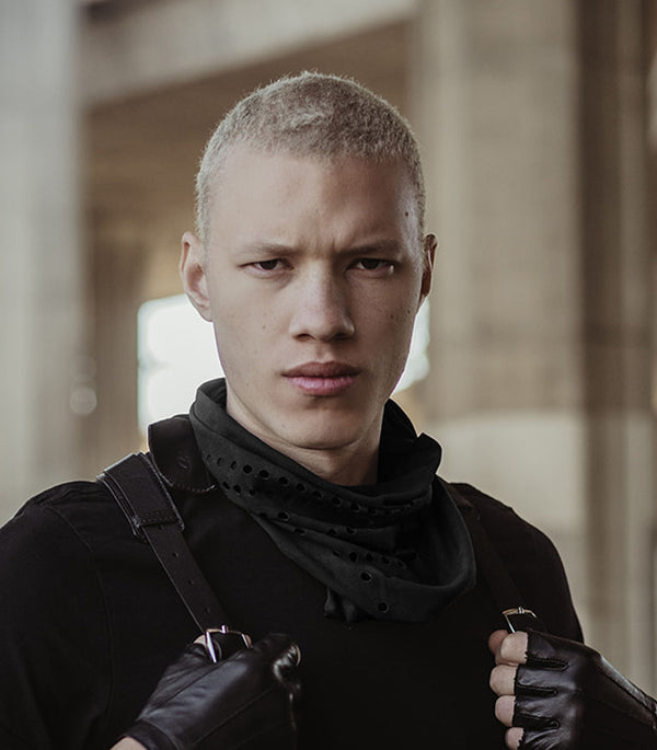 model wearing badami lightweight leather scarf featured in GQ magazine
