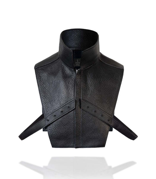 Front view Zip up high neck Leather vest harness from Badami and co