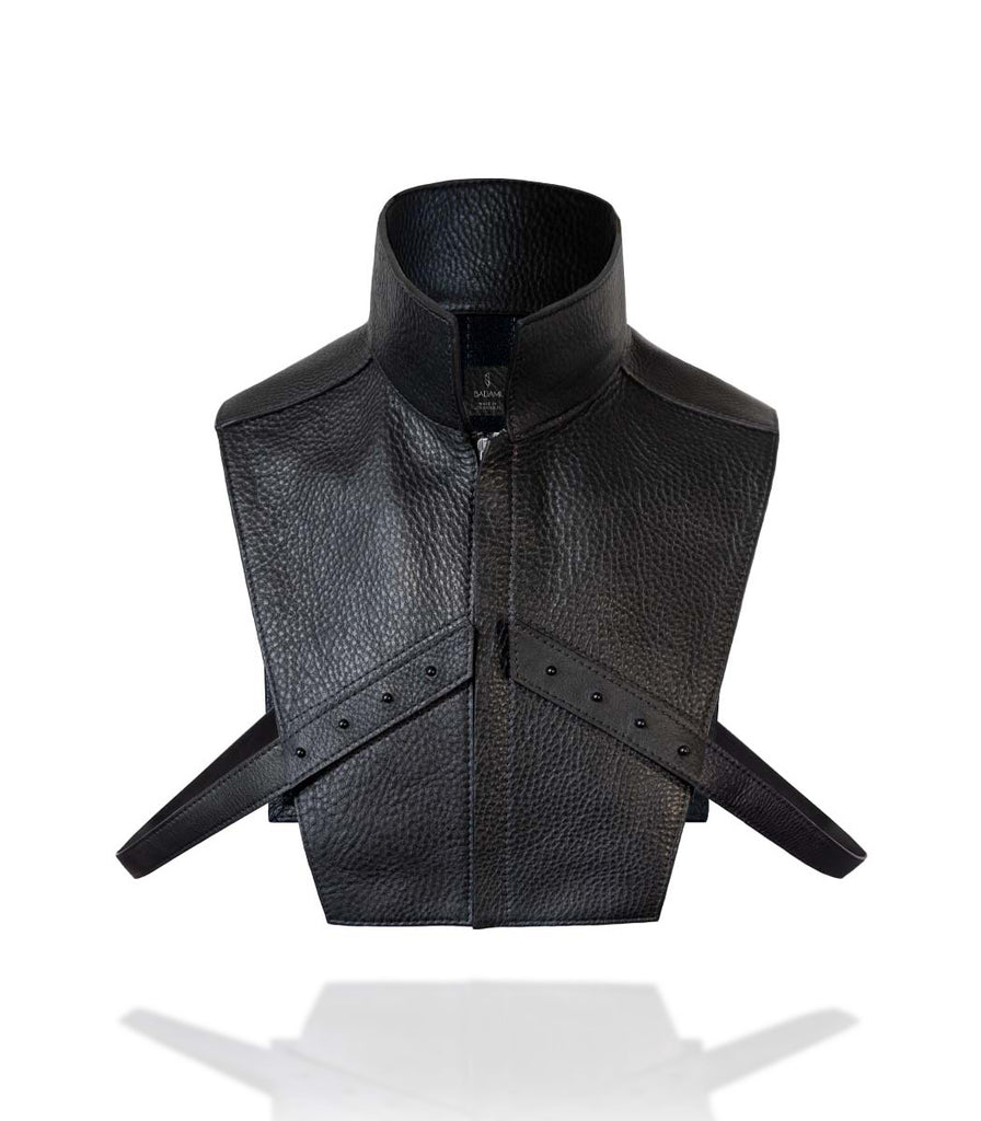 Front view Zip up high neck Leather vest harness from Badami and co
