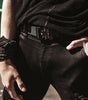Model wearing Adjustable jet buckle belt made from nylon and genuine leather from badami and co