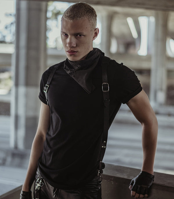 Model wearing the Leather Shoulder-strap Fashion Harness from badami and co