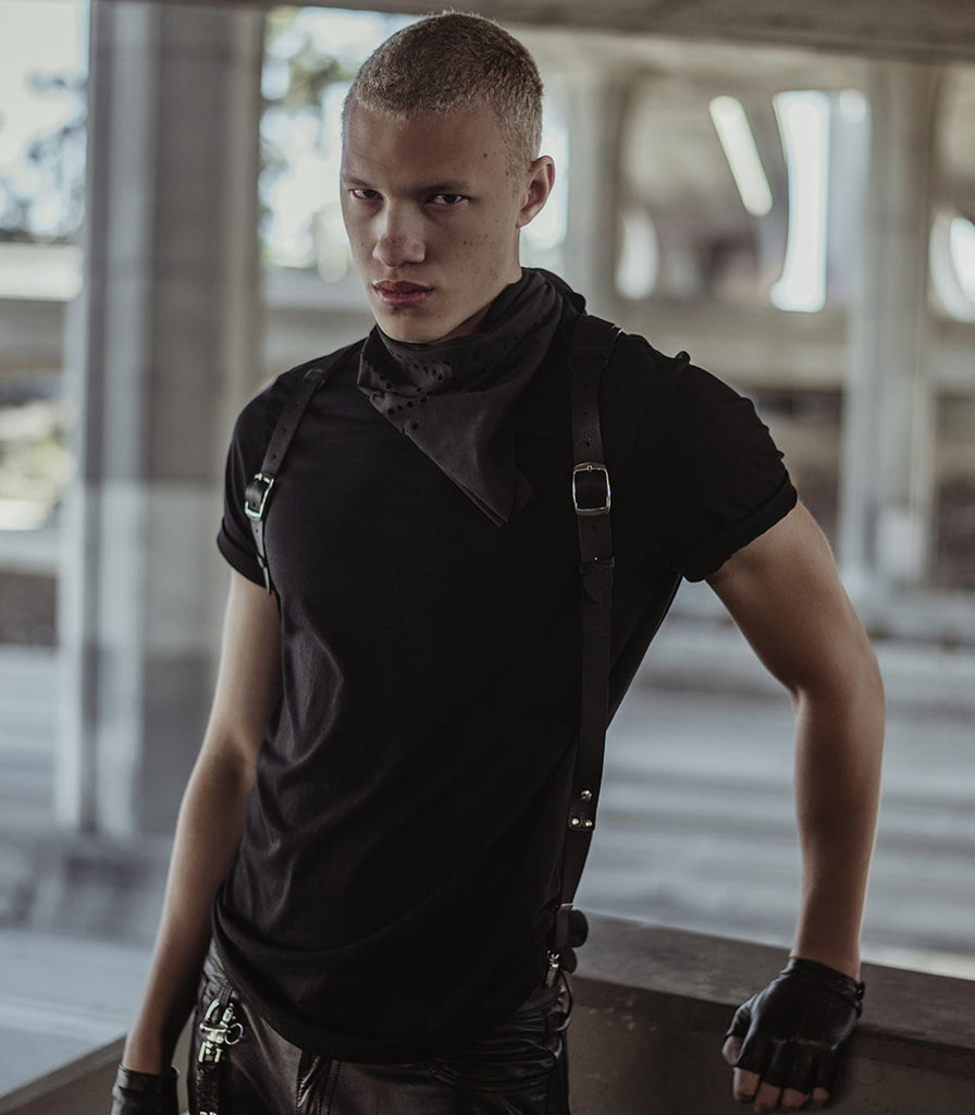 Model wearing the Leather Shoulder-strap Fashion Harness from badami and co