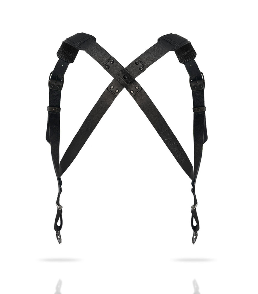 Back View of all black Leather Shoulder-strap Fashion Harness from badami and co